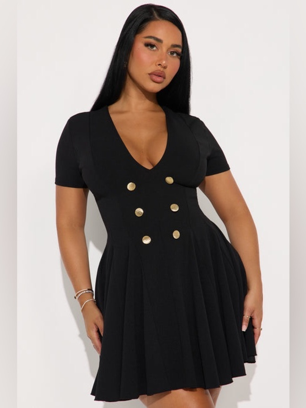 Fashion Nova Black Short-Sleeve Dress Gold Buttons Queen Vibes Crepe Mini